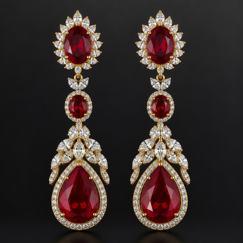 Drop earrings using red stones, gold, diamonds
photorealistic jewelry design, Drop earrings using red stones, gold, diamonds, statement style, just the design no text