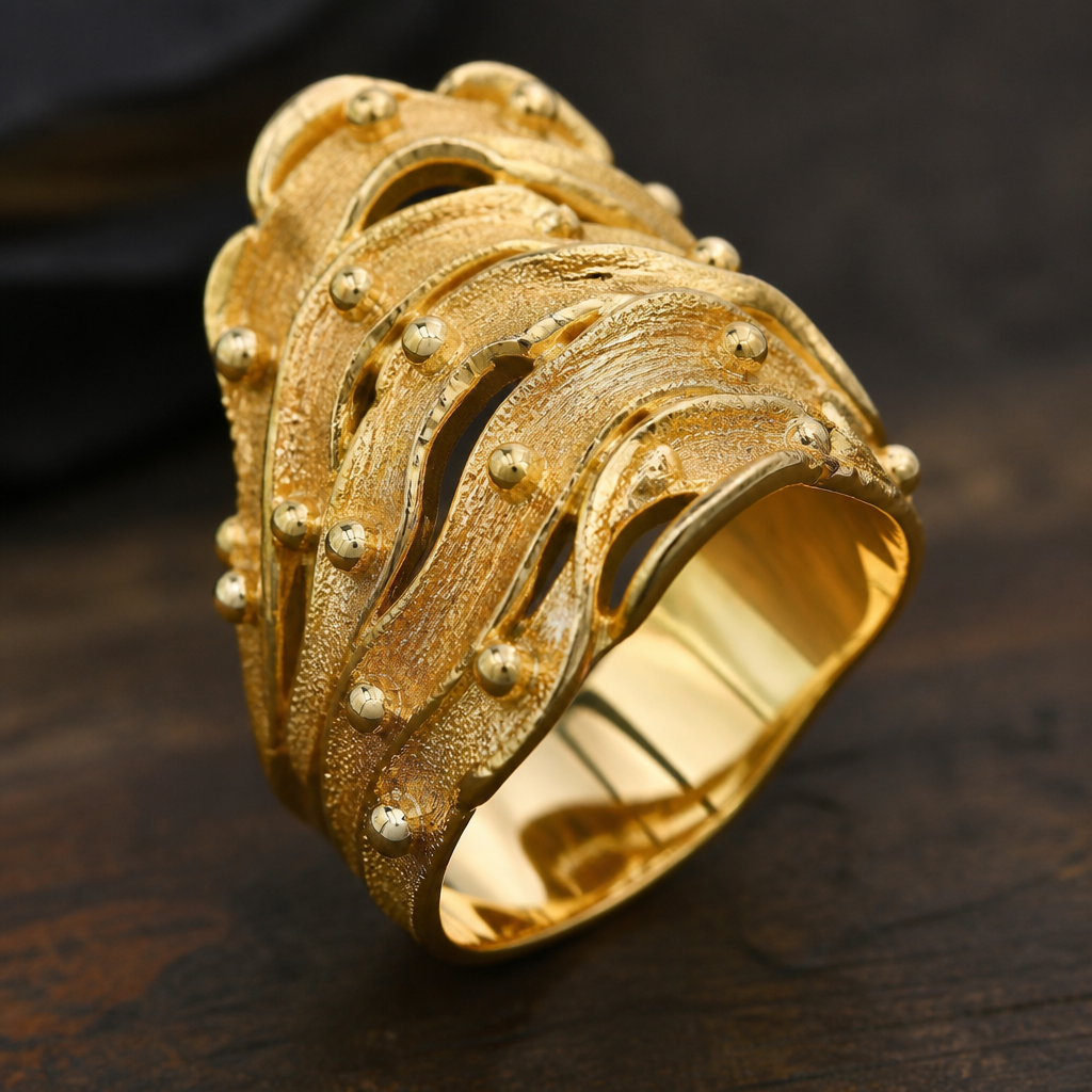 A women's ring. galoband design 23 gram all hand made work
photorealistic jewelry design, A women's ring. galoband design 23 gram all hand made work, modern style, just the design no text