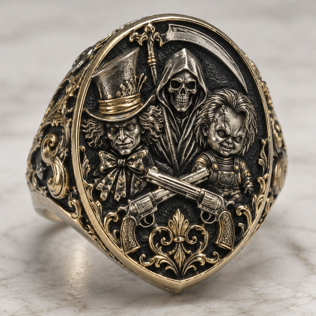 A signet women's ring made of mixed metal suitable for daily wear, detailed and decorative, moderately ornate. madhatter a reaper and Chucky and 2 pistols crossing
photorealistic jewelry design, A signet women's ring made of mixed metal suitable for daily wear, detailed and decorative, moderately ornate. madhatter a reaper and Chucky and 2 pistols crossing, signet style, just the design no text