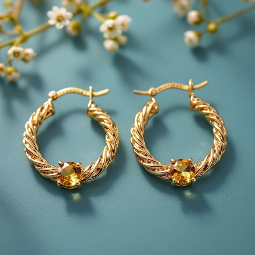 Золотые серьги словно мятое золото в форме узкого изящного полумесяца. Верхушка полумесяца крепится к застежке серьги.  От полумесяца идет три цепочки, у каждой на конце мелкий камушек цитрин