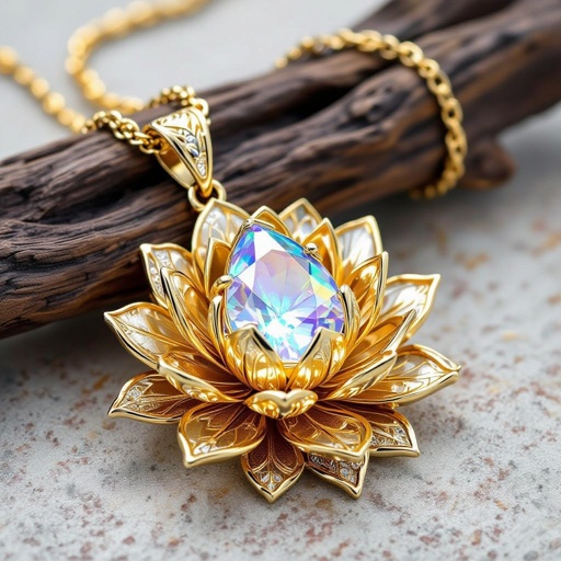 Lotus-shaped pendant with gold-colored crystal inside