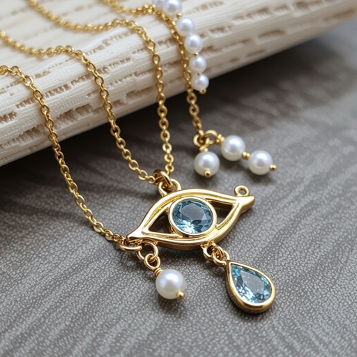 Тонкая цепочка с золотыми и серебряными шариками и мелкими жемчужными камушками на цепочке есть кулон в форме глаза, зрачок глаза из аквамарина от глаза идет маленькая подвеска с маленькими камушками аквамарина 
