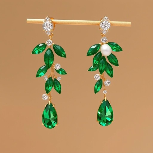 A hyper-realistic, ultra-luxury earring design shaped like a palm tree, reflecting Bahraini cultural heritage. The top features lush, sculpted emerald leaves with hand-carved edges, arranged like a modern palm canopy, set in intricate 21k incite gold. Small natural Bahraini pearls are delicately embedded along the edges of the leaves, adding traditional elegance. The trunk of the palm is slender, composed of a vertical row of bezel-set diamonds with fine gold detailing. From the base, a single teardrop-cut gemstone (either a clear white topaz, diamond, or green sapphire) dangles freely, catching the light with brilliance. The overall shape is elegant yet bold, with a modern fashion-forward silhouette inspired by European jewelry academies. The style is haute couture, minimal yet rich in detail, worthy of an international award for the most creative jewelry piece in the GCC and worldwide. Styled on a neutral background, 8K quality, realistic lighting, museum display setting, no text, isolated object.
