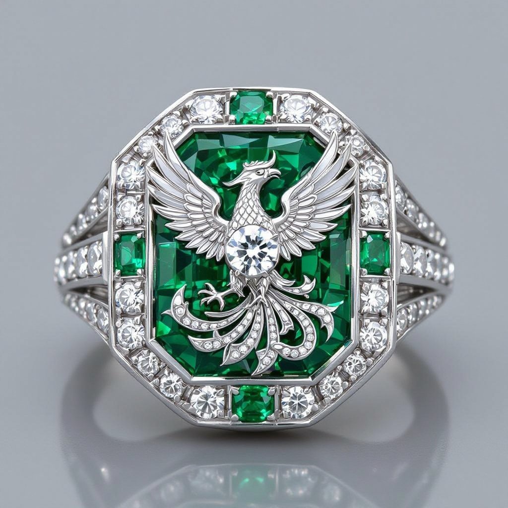 Pendant phoenix printed on it for women Design a luxurious platinum signet ring that embodies the elegance of Art Deco style, featuring a striking phoenix rendered in intricate geometric patterns. Emphasize bold lines and symmetry, with contrasting finishes for depth. Adorn the ring with brilliant-cut diamonds and emeralds, capturing the spirit of rebirth and timeless sophistication.