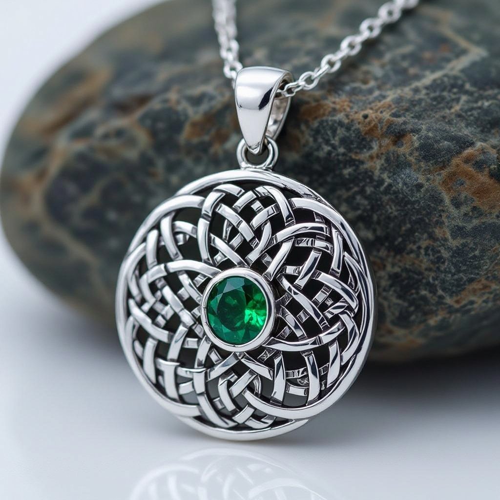 925 Sterling Silver with 20K Emerald Green Stone adorned VVS with Triskelions
