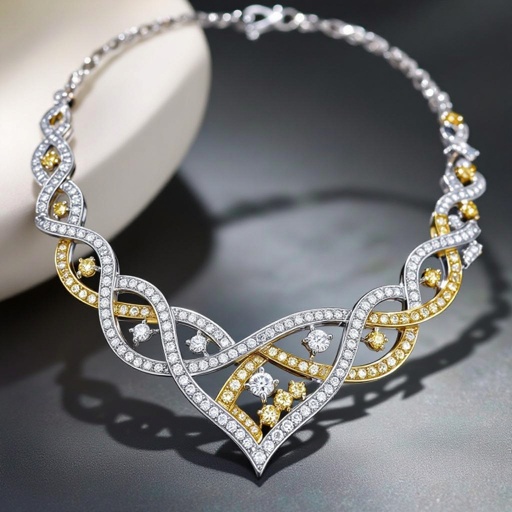 Geometry Curvy and abstract edges of architecture necklace of white diamonds and yellow diamonds