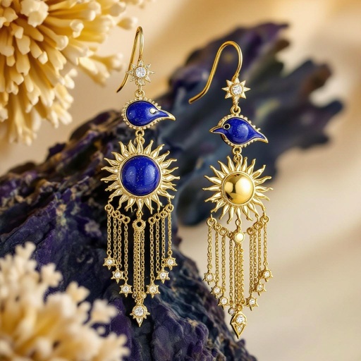 Zototy long earrings with a pendant symbolic image of the Egyptian god Ra with a bird's head symbol of the sun long chains