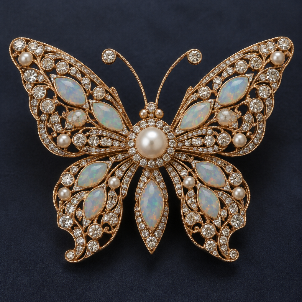 A classic men's brooch made of rose gold with diamond and pearl and opal stones suitable for birthday, highly ornate, intricate and elaborate, richly detailed. butterfly shaped broach
photorealistic jewelry design, A classic men's brooch made of rose gold with diamond and pearl and opal stones suitable for birthday, highly ornate, intricate and elaborate, richly detailed. butterfly shaped broach, classic style, just the design no text