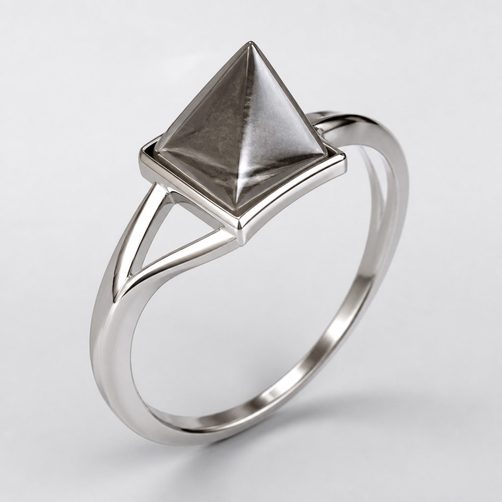 A women's ring. un anillo en plata con una piedra en forma de pirámide
photorealistic jewelry design, A women's ring. un anillo en plata con una piedra en forma de pirámide, modern style, just the design no text