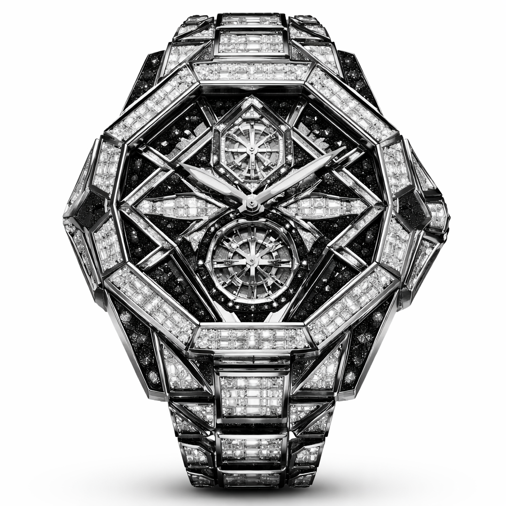 Geomatric watch of architecture shape and edges of unique design of white and black diamonds