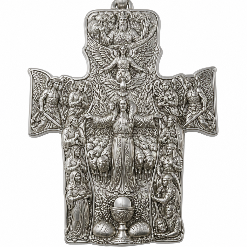 A sculptural women's pendant made of silver suitable for festival. An extraordinary excellent beautiful delicate and elegant, super modern Cross, without stones, without background only the Cross, with Jesus Christ as the Good Shepherd with a beautiful delicate and elegant face, with long hair, with a beautiful delicate elegant and fit body, with His hands wide open to receive all of us, with a beautiful delicate elegant and beautifully ornated tunic, with a beautiful delicate and elegant sheep on His shoulders, with a beautiful delicate and elegant flock of beautiful delicate and elegant sheep backward of Him. Over Jesus Christ and the flock to be placed the Holy Spirit as an Angel with a beautiful delicate and elegant face, with long hair, with big wings flying, with a beautiful delicate elegant and fit body, with a beautiful delicate elegant and beautifully ornated tunic under the Angel to be placed a beautiful delicate and elegant dove flying both of them the Angel and the dove to be surrounded by tongues of fire radiating light to Jesus Christ and the flock. Over the Holy Spirit to be placed God the Father with a beautiful delicate and elegant face, with long hair, with a beautiful delicate elegant and fit body, with a beautiful delicate and elegant tunic, with a beautiful delicate and elegant sceptre at His left hand blessing the world with His right hand, with a beautiful delicate elegant and beautifully ornated crown on His head. At the bottom of the Cross to be placed the Holy Communion with a beautiful delicate elegant and beautifully ornated chalice and two breads around the chalice. At the lower right side of the Cross to be stacked one by one Saint John the Baptist with a beautiful delicate elegant and beautifully ornated platter with his head on it. Over Saint John the Baptist to be placed Saint Constantine with a beautiful delicate and elegant face, with long hair, with a beautiful delicate and elegant crown on his head, with a beautiful delicate elegant and fit body, with a beautiful delicate and elegant armour holding a beautiful delicate elegant and beautifully ornated Cross. Over Saint Constantine to be placed Saint George with a beautiful delicate and elegant face, with long hair, with a beautiful delicate elegant and beautifully ornated helmet with a beautiful delicate elegant and fit body, with a beautiful delicate elegant and beautifully ornated armour, holding a beautiful delicate and elegant sword with his right hand at low position and near the floor giving respect to the Holy Trinity and Praying. Over Saint George to be placed Saint Peter the Apostle Praying. At the left lower side of the Cross to be placed stacked Saint Paraskevi with a beautiful delicate and elegant face, with long hair, with a beautiful delicate elegant and beautifully curved body, with a beautiful delicate elegant and beautifully ornated tunic holding a bowl with two eyes in it. Over Saint Paraskevi to be placed Saint Irene with a beautiful delicate and elegant face, with long hair, with a beautiful delicate elegant and beautifully ornated wreath on her head, with a beautiful delicate elegant and beautifully curved body, with a beautiful delicate elegant and beautifully ornated tunic Praying. Over Saint Irene to be placed Virgo Maria with a beautiful delicate and elegant face, with beautifully ornated long hair, with a beautiful delicate elegant and beautifully curved body, with a beautiful delicate elegant and beautifully ornated tunic Praying. Over Virgo Maria to be placed Saint Paul the Apostle Praying. At the right side of the Cross to be placed Saint Michael the Archangel with a beautiful delicate and elegant face, with long hair, with a beautiful delicate elegant and beautifully ornated helmet, with a beautiful delicate elegant and fit body, with big wings flying, with a beautiful delicate elegant and beautifully ornated armour, holding His beautiful delicate elegant and beautifully ornated sword low to the ground giving respect to the Holy Trinity and Praying. In front of Saint Michael the Archangel to be placed Saint Gabriel the Archangel with a beautiful delicate and elegant face, with long hair, with a beautiful delicate elegant and beautifully ornated helmet on His head, with a beautiful delicate elegant and fit body, with big wings flying, with a beautiful delicate elegant and beautifully ornated armour, holding a beautiful delicate elegant and beautifully ornated bucket of lilyes and Praying. At the left side of the Cross to be placed Saint Rafael the Archangel with a beautiful delicate and elegant face, with long hair, with a beautiful delicate elegant and beautifully ornated helmet, with a beautiful delicate elegant and fit body, with big wings flying, with a beautiful delicate elegant and beautifully ornated armour, holding a beautiful delicate elegant and beautifully ornated sword with his right hand low giving respect to the Holy Trinity and Praying. In front of Saint Rafael the Archangel to be placed the Guardian Angel with a beautiful delicate and elegant face, with long hair, with a beautiful delicate elegant and beautifully ornated with flowers wreath on His head, with a beautiful delicate elegant and fit body, with a beautiful delicate elegant and beautifully ornated tunic Praying. Make all the Angels, the Saints, God the Father, the Holy Spirit and Jesus Christ and the flock as statues.
photorealistic jewelry design, A sculptural women's pendant made of silver suitable for festival. An extraordinary excellent beautiful delicate and elegant, super modern Cross, without stones, without background only the Cross, with Jesus Christ as the Good Shepherd with a beautiful delicate and elegant face, with long hair, with a beautiful delicate elegant and fit body, with His hands wide open to receive all of us, with a beautiful delicate elegant and beautifully ornated tunic, with a beautiful delicate and elegant sheep on His shoulders, with a beautiful delicate and elegant flock of beautiful delicate and elegant sheep backward of Him. Over Jesus Christ and the flock to be placed the Holy Spirit as an Angel with a beautiful delicate and elegant face, with long hair, with big wings flying, with a beautiful delicate elegant and fit body, with a beautiful delicate elegant and beautifully ornated tunic under the Angel to be placed a beautiful delicate and elegant dove flying both of them the Angel and the dove to be surrounded by tongues of fire radiating light to Jesus Christ and the flock. Over the Holy Spirit to be placed God the Father with a beautiful delicate and elegant face, with long hair, with a beautiful delicate elegant and fit body, with a beautiful delicate and elegant tunic, with a beautiful delicate and elegant sceptre at His left hand blessing the world with His right hand, with a beautiful delicate elegant and beautifully ornated crown on His head. At the bottom of the Cross to be placed the Holy Communion with a beautiful delicate elegant and beautifully ornated chalice and two breads around the chalice. At the lower right side of the Cross to be stacked one by one Saint John the Baptist with a beautiful delicate elegant and beautifully ornated platter with his head on it. Over Saint John the Baptist to be placed Saint Constantine with a beautiful delicate and elegant face, with long hair, with a beautiful delicate and elegant crown on his head, with a beautiful delicate elegant and fit body, with a beautiful delicate and elegant armour holding a beautiful delicate elegant and beautifully ornated Cross. Over Saint Constantine to be placed Saint George with a beautiful delicate and elegant face, with long hair, with a beautiful delicate elegant and beautifully ornated helmet with a beautiful delicate elegant and fit body, with a beautiful delicate elegant and beautifully ornated armour, holding a beautiful delicate and elegant sword with his right hand at low position and near the floor giving respect to the Holy Trinity and Praying. Over Saint George to be placed Saint Peter the Apostle Praying. At the left lower side of the Cross to be placed stacked Saint Paraskevi with a beautiful delicate and elegant face, with long hair, with a beautiful delicate elegant and beautifully curved body, with a beautiful delicate elegant and beautifully ornated tunic holding a bowl with two eyes in it. Over Saint Paraskevi to be placed Saint Irene with a beautiful delicate and elegant face, with long hair, with a beautiful delicate elegant and beautifully ornated wreath on her head, with a beautiful delicate elegant and beautifully curved body, with a beautiful delicate elegant and beautifully ornated tunic Praying. Over Saint Irene to be placed Virgo Maria with a beautiful delicate and elegant face, with beautifully ornated long hair, with a beautiful delicate elegant and beautifully curved body, with a beautiful delicate elegant and beautifully ornated tunic Praying. Over Virgo Maria to be placed Saint Paul the Apostle Praying. At the right side of the Cross to be placed Saint Michael the Archangel with a beautiful delicate and elegant face, with long hair, with a beautiful delicate elegant and beautifully ornated helmet, with a beautiful delicate elegant and fit body, with big wings flying, with a beautiful delicate elegant and beautifully ornated armour, holding His beautiful delicate elegant and beautifully ornated sword low to the ground giving respect to the Holy Trinity and Praying. In front of Saint Michael the Archangel to be placed Saint Gabriel the Archangel with a beautiful delicate and elegant face, with long hair, with a beautiful delicate elegant and beautifully ornated helmet on His head, with a beautiful delicate elegant and fit body, with big wings flying, with a beautiful delicate elegant and beautifully ornated armour, holding a beautiful delicate elegant and beautifully ornated bucket of lilyes and Praying. At the left side of the Cross to be placed Saint Rafael the Archangel with a beautiful delicate and elegant face, with long hair, with a beautiful delicate elegant and beautifully ornated helmet, with a beautiful delicate elegant and fit body, with big wings flying, with a beautiful delicate elegant and beautifully ornated armour, holding a beautiful delicate elegant and beautifully ornated sword with his right hand low giving respect to the Holy Trinity and Praying. In front of Saint Rafael the Archangel to be placed the Guardian Angel with a beautiful delicate and elegant face, with long hair, with a beautiful delicate elegant and beautifully ornated with flowers wreath on His head, with a beautiful delicate elegant and fit body, with a beautiful delicate elegant and beautifully ornated tunic Praying. Make all the Angels, the Saints, God the Father, the Holy Spirit and Jesus Christ and the flock as statues., sculptural style, just the design no text