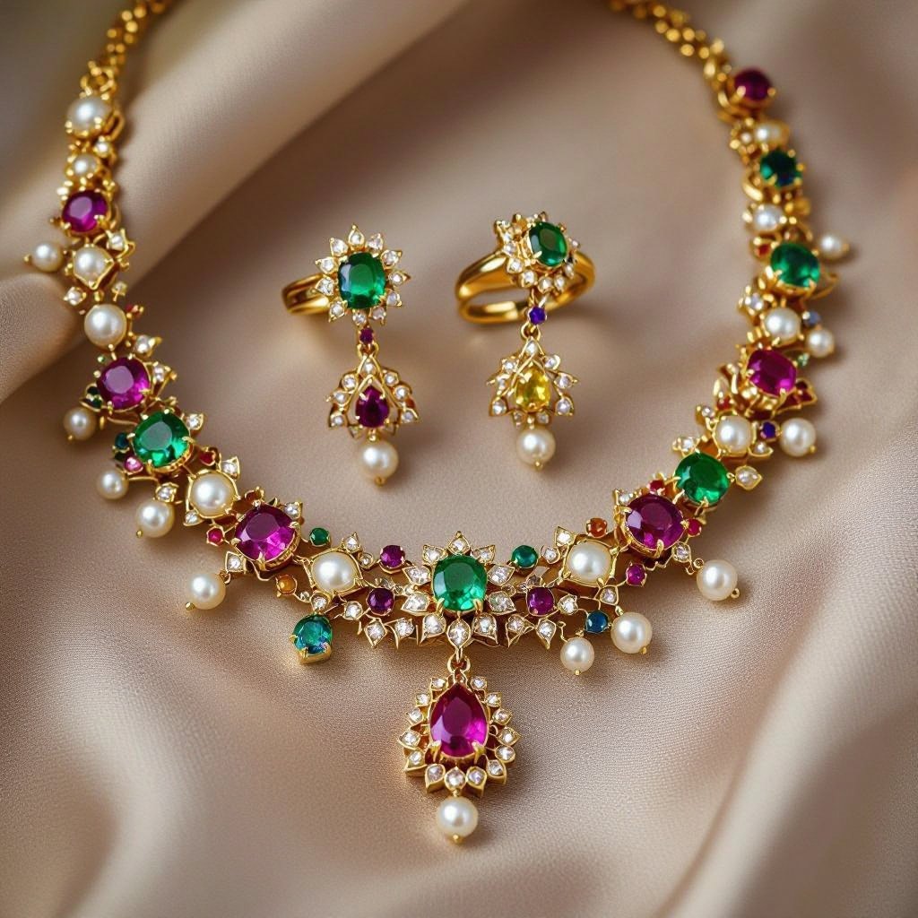 Necklace and ring and earring with luxury colorful jewel with gold