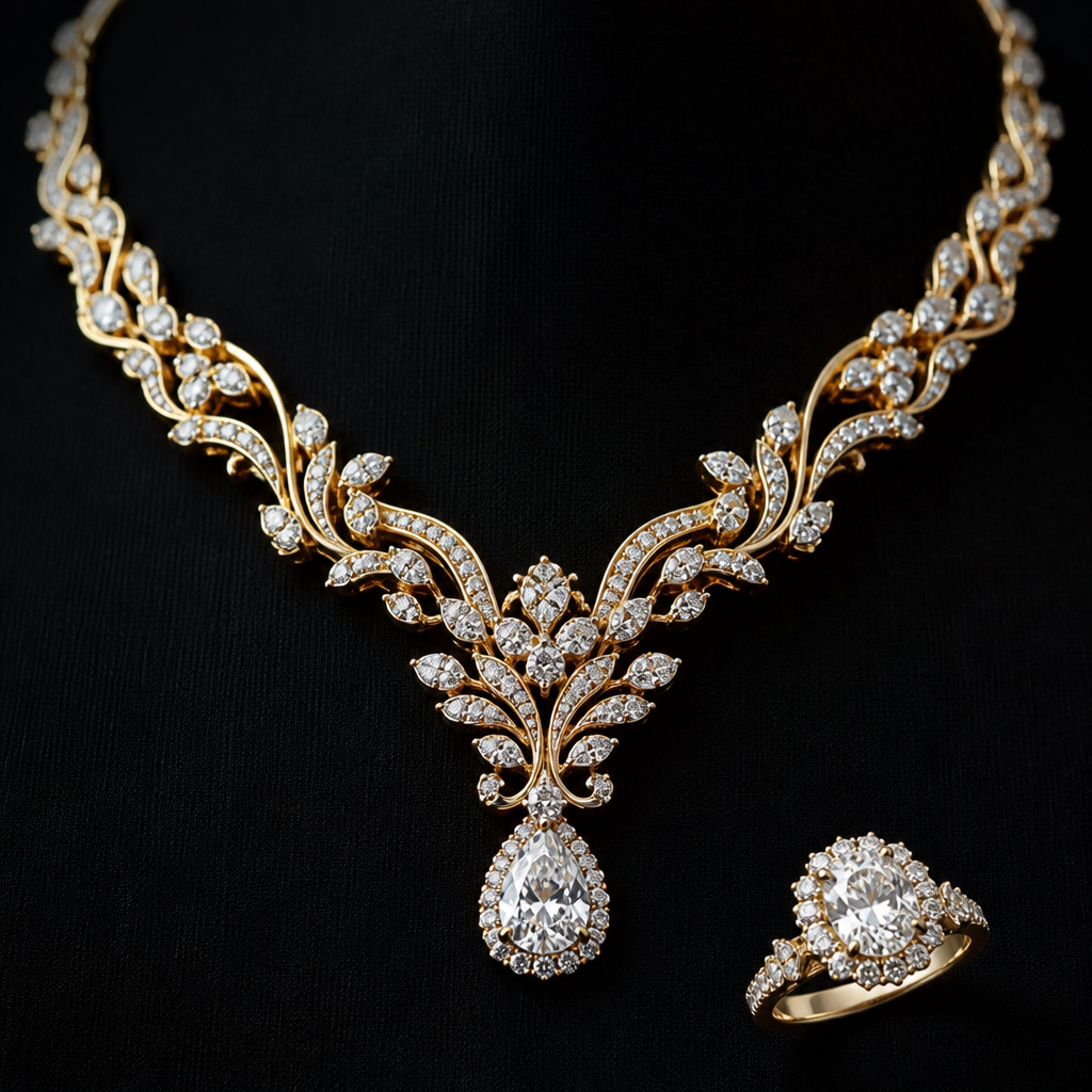 A modern women's necklace made of gold with diamond stones suitable for engagement, highly ornate, intricate and elaborate, richly detailed. un anillo diamante de la naturaleza
photorealistic jewelry design, A modern women's necklace made of gold with diamond stones suitable for engagement, highly ornate, intricate and elaborate, richly detailed. un anillo diamante de la naturaleza, modern style, just the design no text
