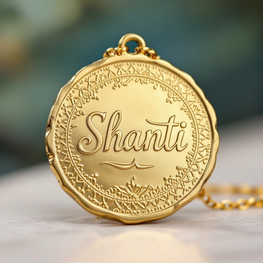Золотой матовый медальон похожий на мятую монету с неровными краями. Надпись изящная с наклоном Shanti. Узоры вокруг надписи 