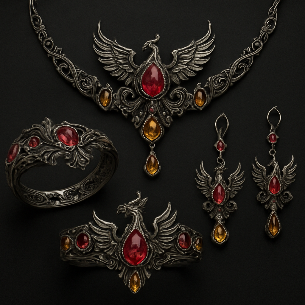 A full Ruby jewelry set including bracelet, earrings and rings with at least 10 citrine and topaz inlays with phoenix themes and an omega necklace