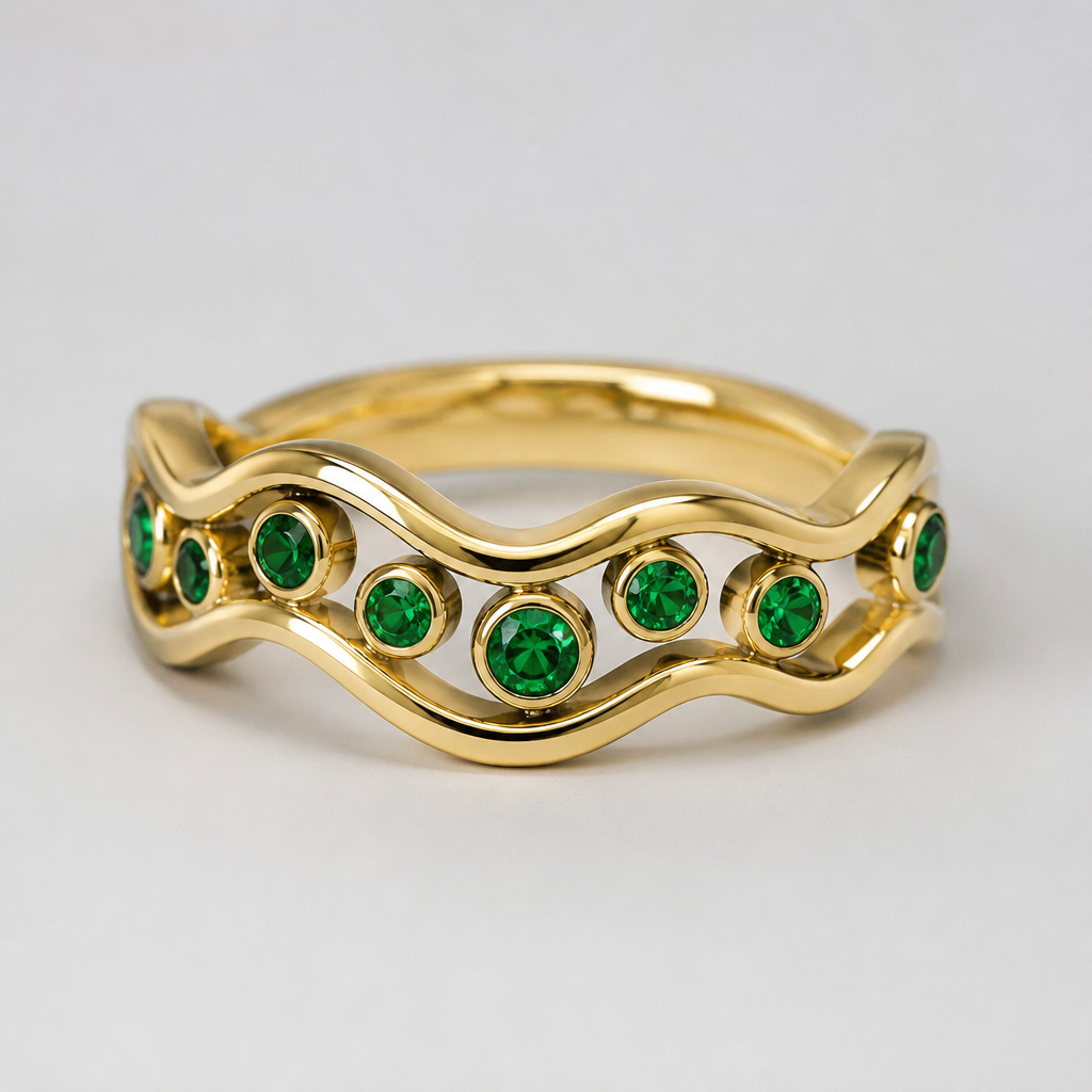 Wiggly board with circle emeralds between the two bands