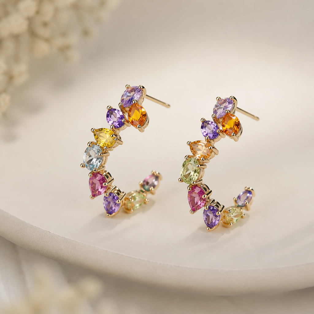 earrings . Refinement: make it more multicolour earing in same design
photorealistic jewelry design, earrings . Refinement: make it more multicolour earing in same design, just the design no text