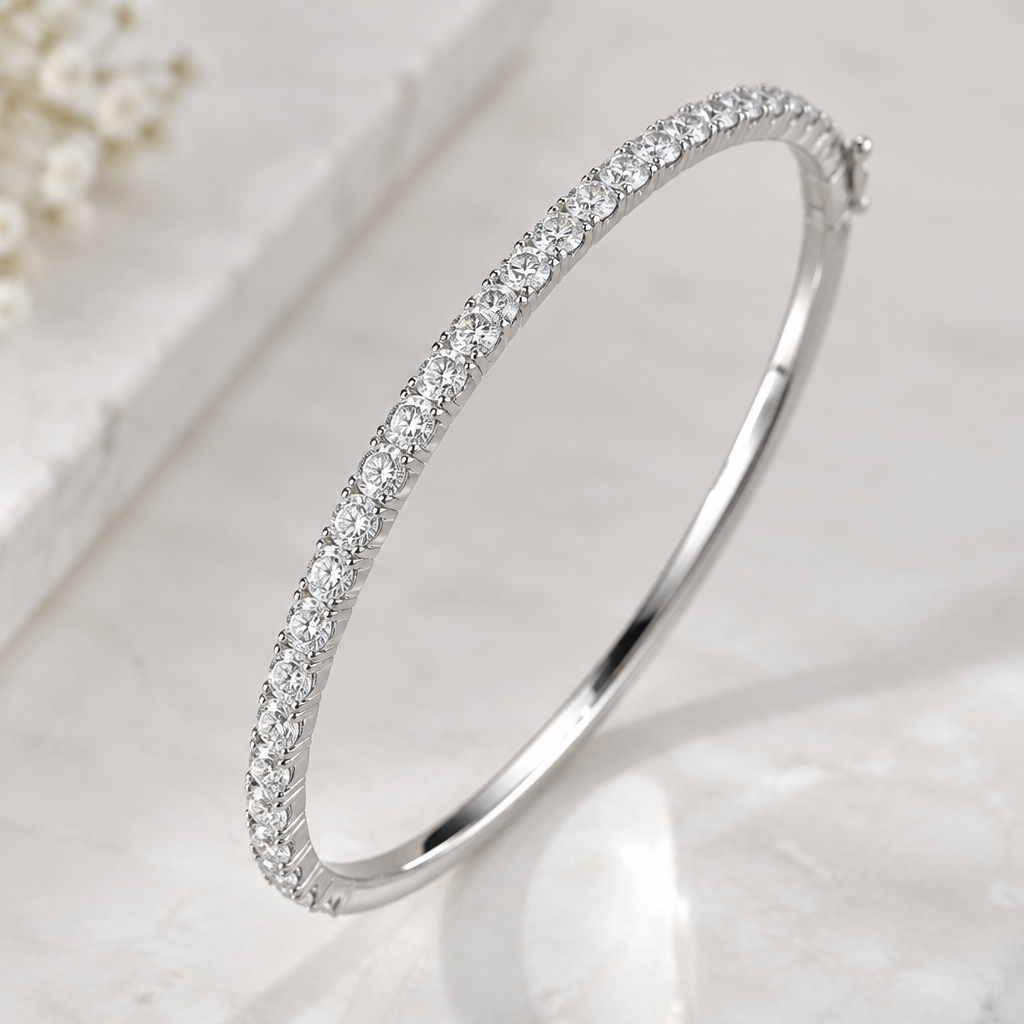 A bangle women's bracelet made of white gold with diamond stones suitable for formal. diamond line
photorealistic jewelry design, A bangle women's bracelet made of white gold with diamond stones suitable for formal. diamond line, bangle style, just the design no text