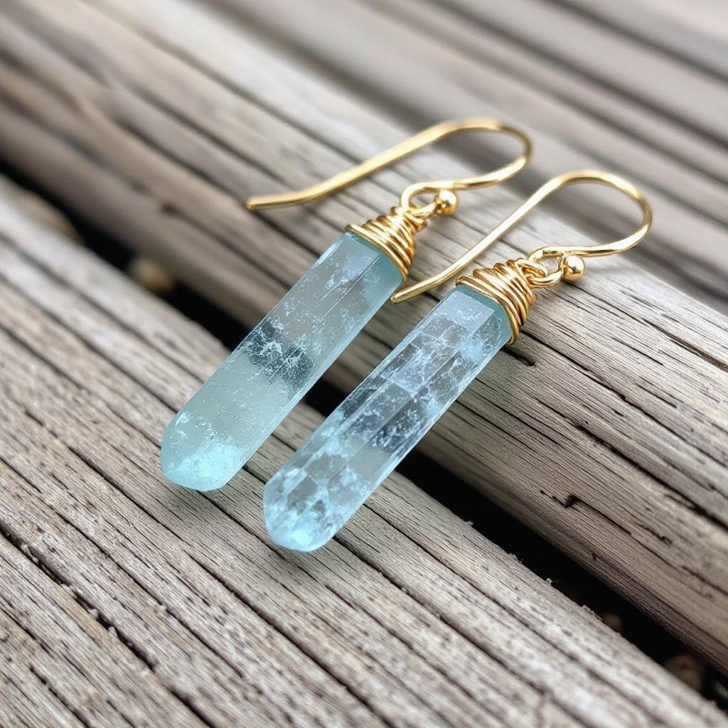 Серьги в виде небольшого кристалла необработанного бледного аквамарина в виде длинного кристалла
