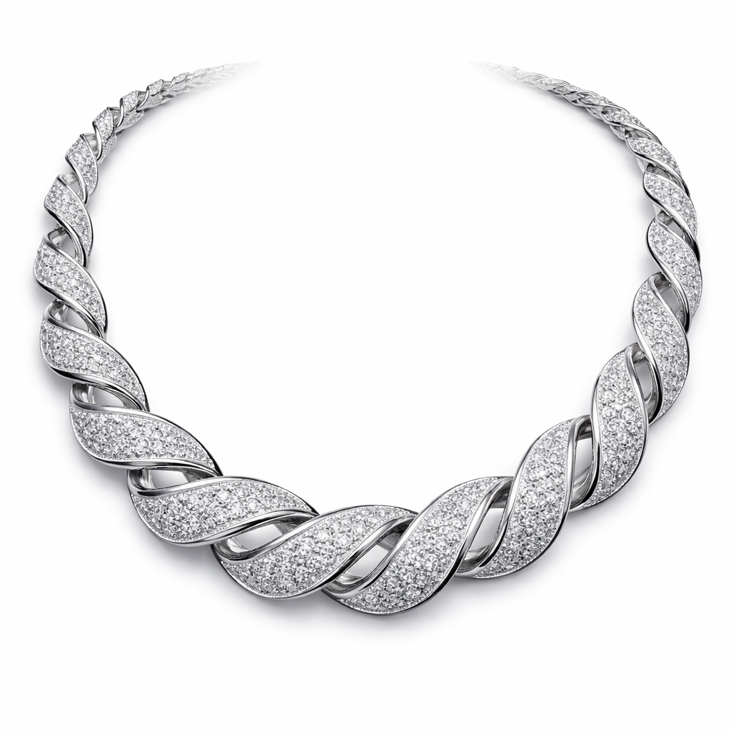 A necklace that is twisted and has diamonds and is made of separate pieces that links together