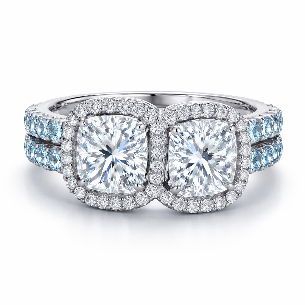 2 rings that are both a cushion cut diamond with halo, combined with an aquamarine band, make them one ring from the 2, there should be 2 cushion cut diamonds