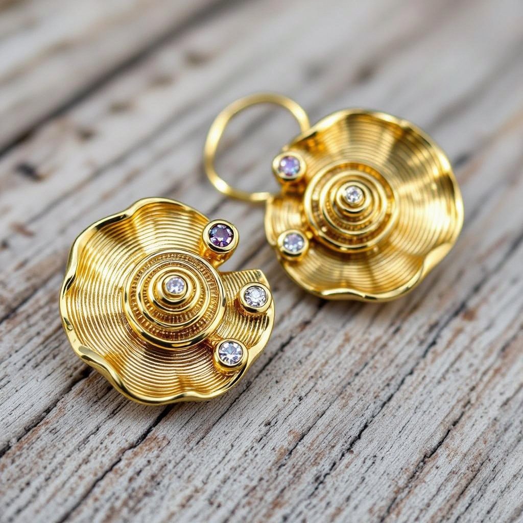 Золотые серьги в виде золотой спиральной ракушки украшенной тремя маленькими камнями 