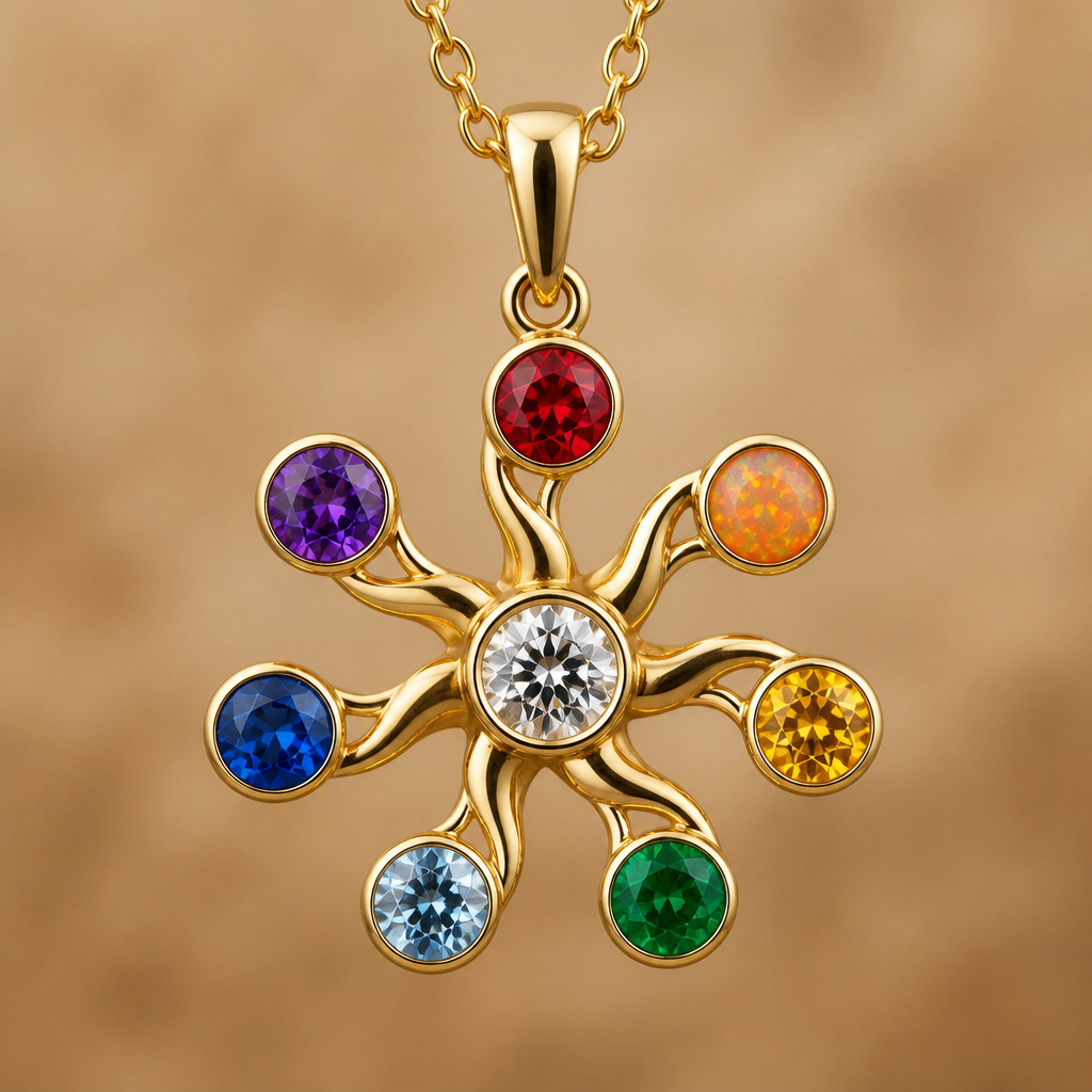 A pendant women's necklace made of gold with ruby and opal and topaz and emerald and sapphire and amethyst and aquamarine and diamond stones suitable for gift. Pendentif en or en forme de soleil à sept branches ( dans le sens des aiguilles d'une montre) première branche un rubis, deuxième branche une opale orange, troisième branche une topaze jaune, quatrième branche une émeraude, cinquième branche une aigue marine, sixième branche un saphir, septième branche une améthyste et au milieu du pendentif un diamant. (Toutes les pierres font 5mm de diamètre)
photorealistic jewelry design, A pendant women's necklace made of gold with ruby and opal and topaz and emerald and sapphire and amethyst and aquamarine and diamond stones suitable for gift. Pendentif en or en forme de soleil à sept branches ( dans le sens des aiguilles d'une montre) première branche un rubis, deuxième branche une opale orange, troisième branche une topaze jaune, quatrième branche une émeraude, cinquième branche une aigue marine, sixième branche un saphir, septième branche une améthyste et au milieu du pendentif un diamant. (Toutes les pierres font 5mm de diamètre), pendant style, just the design no text