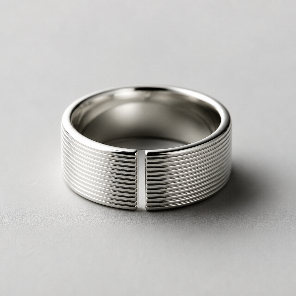 . Refinement: deixe o anel um pouco mais Largo e em prata com ralo
photorealistic jewelry design, . Refinement: deixe o anel um pouco mais Largo e em prata com ralo, Minimalist style, just the design no text