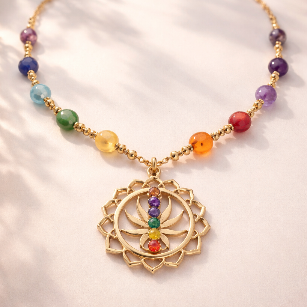 necklace with a gold chakra pendant, several natural stones separated by a gold chain