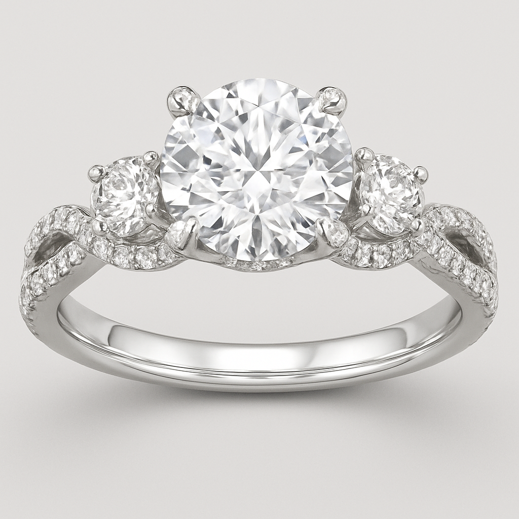 3 carat round diamond with .6 diamond on each side with pave prongs and twisted pave band 
