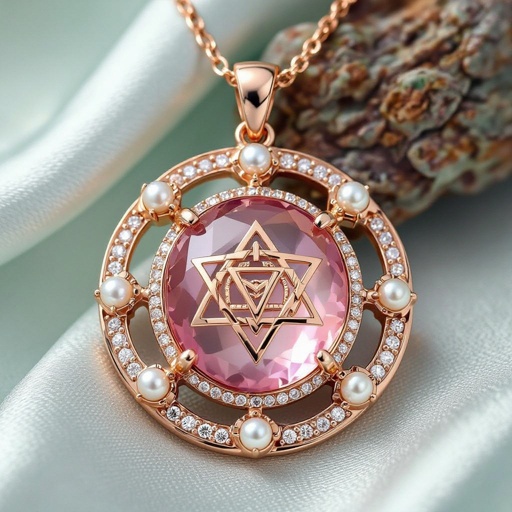 A Merkabah symbol with pink quartz and pearls