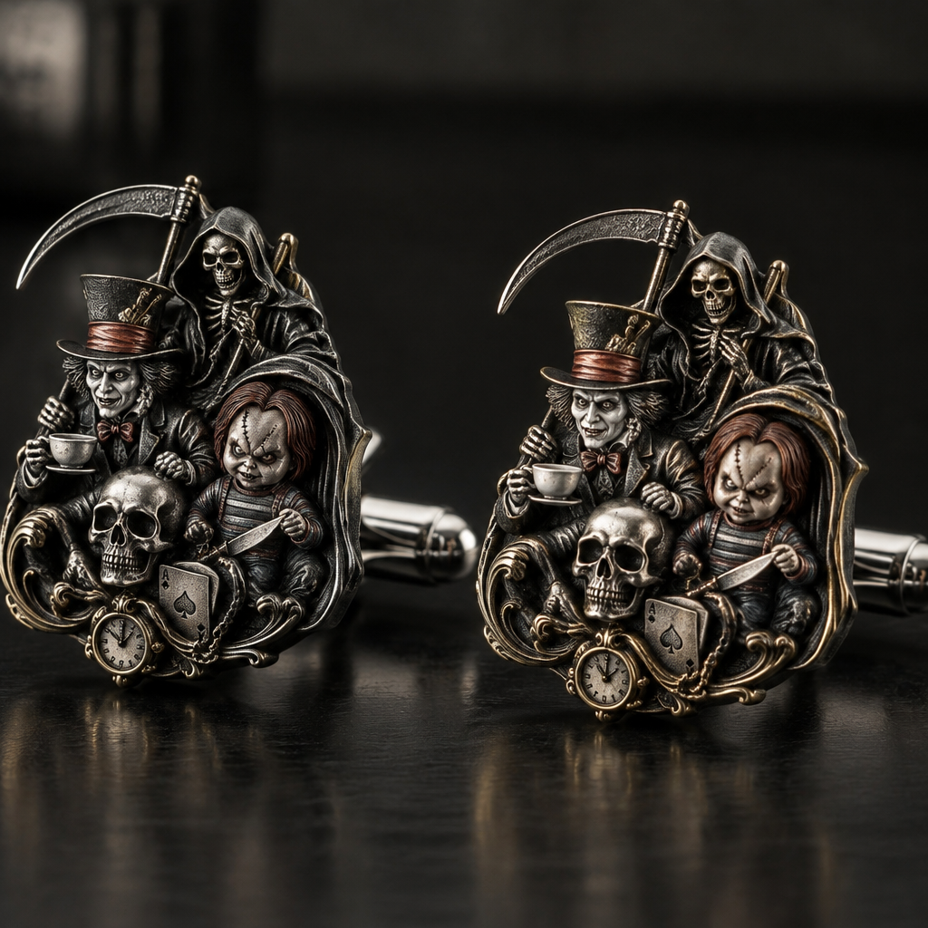 A gothic men's cufflinks made of mixed metal suitable for formal. a reaper with a skeleton with the madhatter with chucky
photorealistic jewelry design, A gothic men's cufflinks made of mixed metal suitable for formal. a reaper with a skeleton with the madhatter with chucky, gothic style, just the design no text