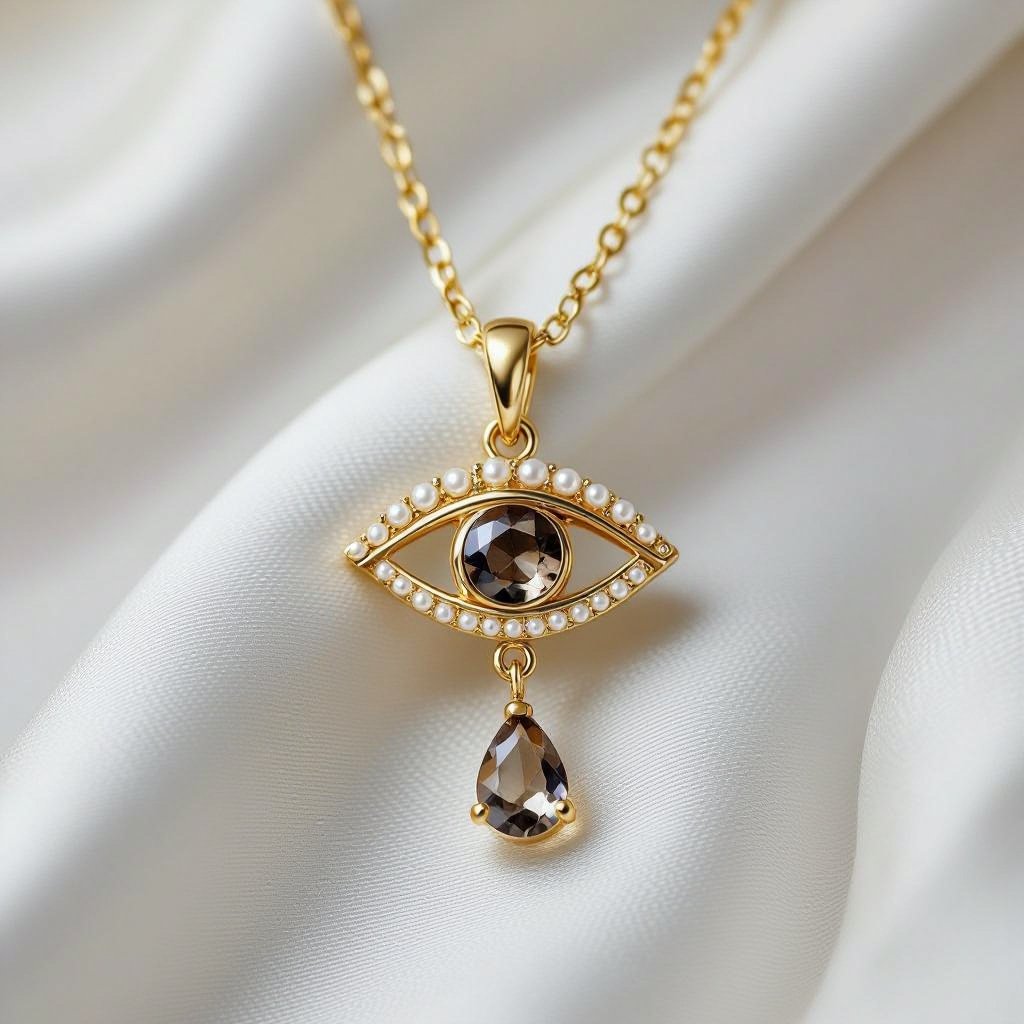 Тонкая цепочка с золотыми шариками и мелкими жемчужными камушками на цепочке есть кулон в форме глаза, зрачок глаза из раухтопаза от глаза идет маленькая подвеска с маленьким камушком 