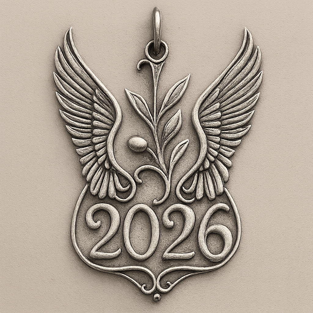 Slim silver cut-out charm only with  two spread out bird wings, an olive branch and  along year 2026