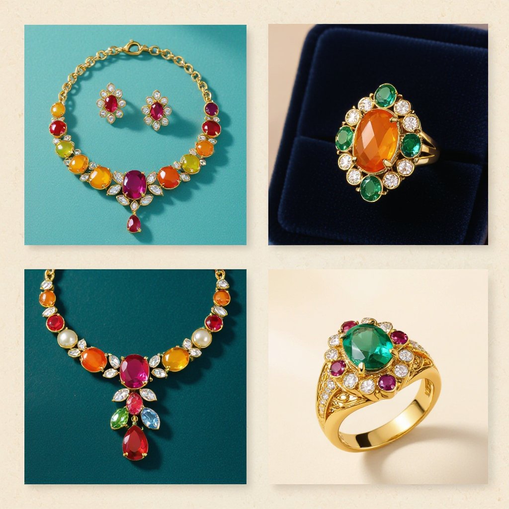 Necklace and ring and earring with luxury colorful jewel with gold