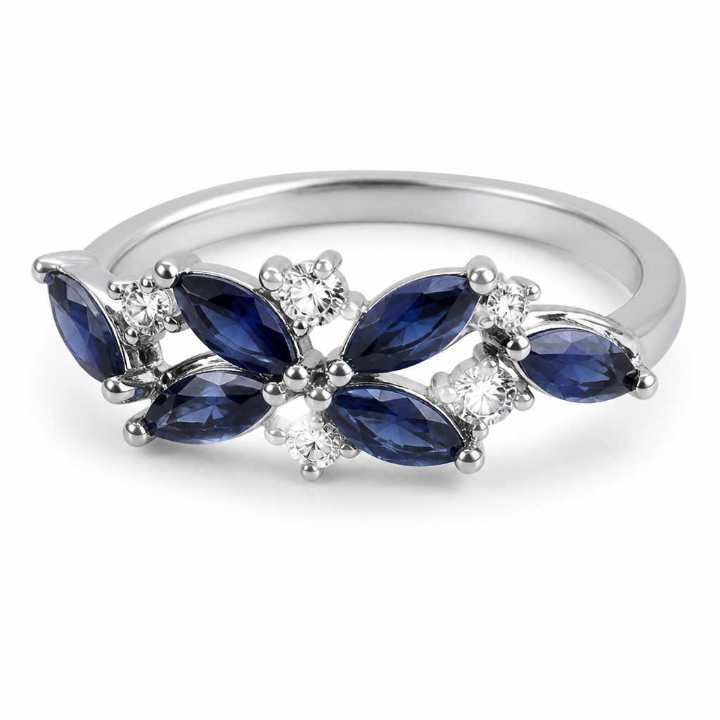 14k white gold
5 marquis sapphires
8 small round cut diamonds
photorealistic jewelry design, 14k white gold
5 marquis sapphires
8 small round cut diamonds , just the design no text