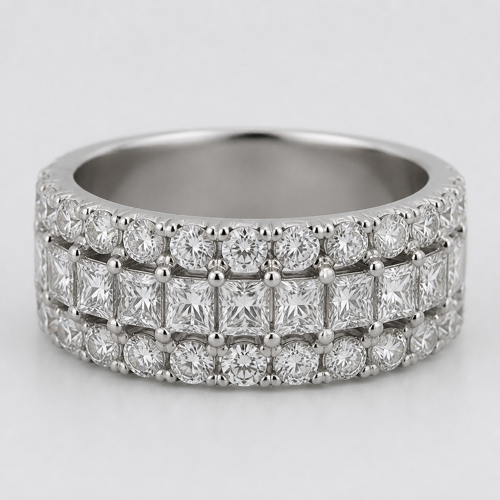 A women's ring made of platinum with diamond stones. eternity ring with a mixture of round and square princess cut diamonds I'd like it to be a thickish band taste like it was maybe 3 rows. The centre row square cup, princess diamonds and the outer rows round.Maybe some negative space the back of the race should just be solid.Platinum, no diamonds. a door so like the diamonds to be claw held
photorealistic jewelry design, A women's ring made of platinum with diamond stones. eternity ring with a mixture of round and square princess cut diamonds I'd like it to be a thickish band taste like it was maybe 3 rows. The centre row square cup, princess diamonds and the outer rows round.Maybe some negative space the back of the race should just be solid.Platinum, no diamonds. a door so like the diamonds to be claw held, modern style, just the design no text