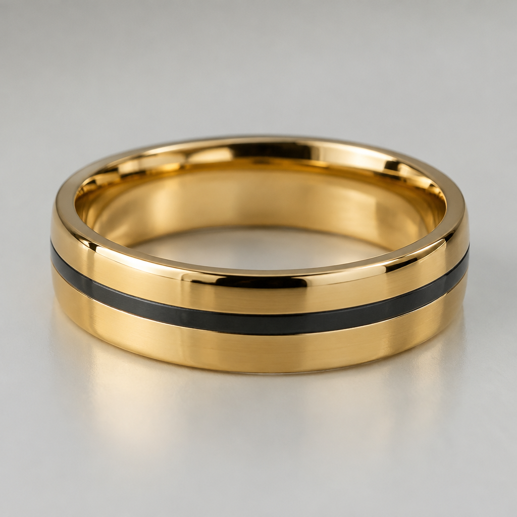 A men's ring. Goldener Ring für einen Mann. Größe ca 58, breite 4-5mm. Ringsum, ca. in der Mitte der Breite einen Streifen aus schwarzer Keramik eingelassen. Breite 0,5-0,9mm.
photorealistic jewelry design, A men's ring. Goldener Ring für einen Mann. Größe ca 58, breite 4-5mm. Ringsum, ca. in der Mitte der Breite einen Streifen aus schwarzer Keramik eingelassen. Breite 0,5-0,9mm., modern style, just the design no text