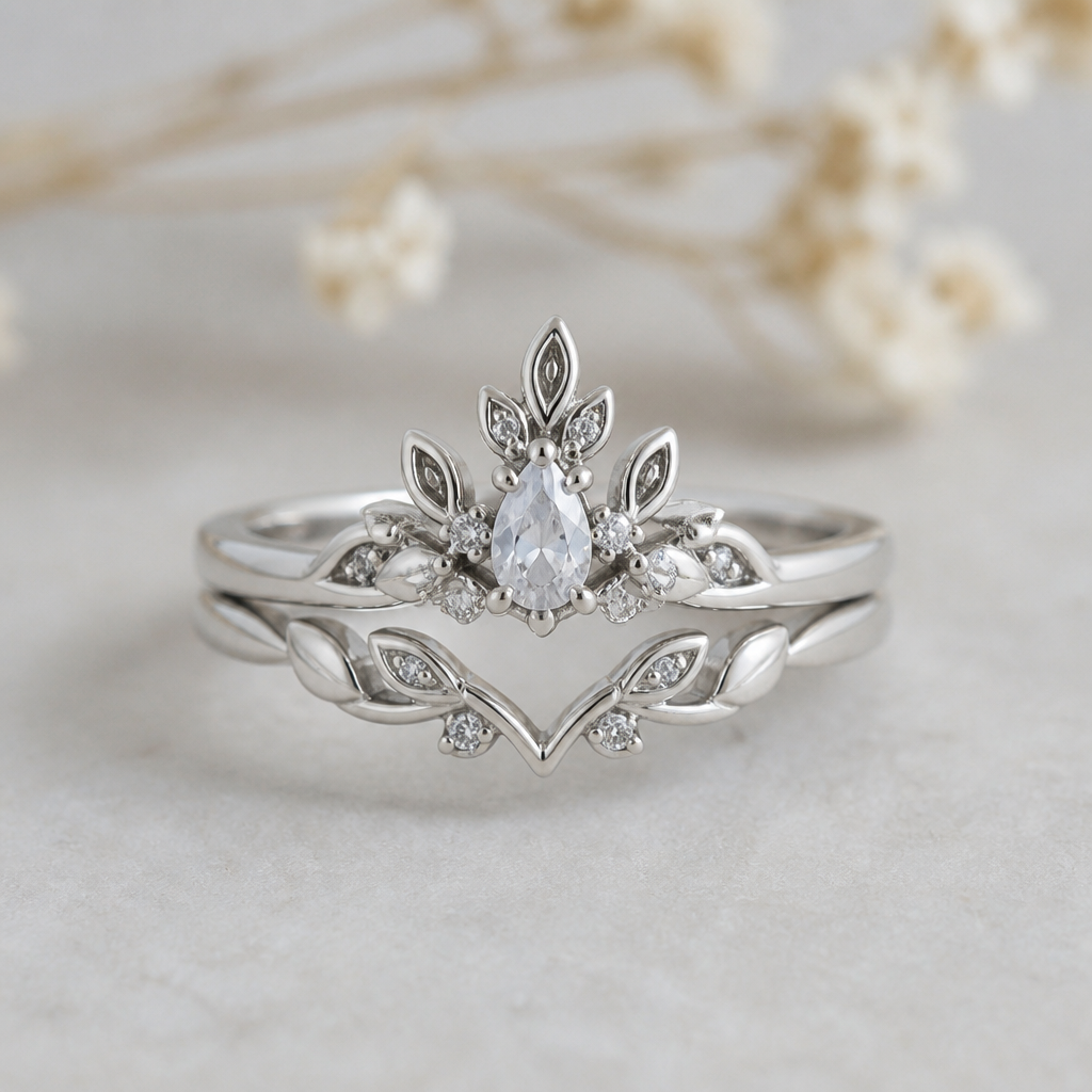 Silver ring set that consists of two rings with small white crystals
The lower ring should have a v form and petals
The upper ring a main stone that doesn’t stand out too much (drop shaped) and more petals and small stones that underlines the main stone
photorealistic jewelry design, Silver ring set that consists of two rings with small white crystals
The lower ring should have a v form and petals
The upper ring a main stone that doesn’t stand out too much (drop shaped) and more petals and small stones that underlines the main stone
, nature_inspired style, just the design no text