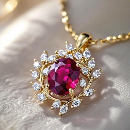 7x5mm oval pigeon blood ruby with 8 marquis cut diamonds each .08ct set in white gold pendant 