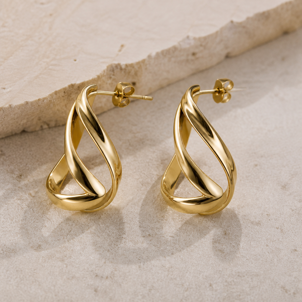 A modern women's earrings made of gold
photorealistic jewelry design, A modern women's earrings made of gold, modern style, just the design no text