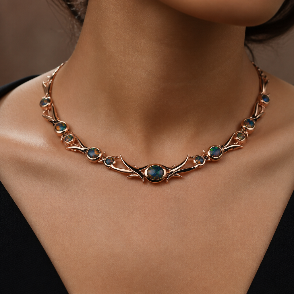 A women's necklace made of rose gold with opal stones. Rose gold black Ethiopian choker
photorealistic jewelry design, A women's necklace made of rose gold with opal stones. Rose gold black Ethiopian choker, modern style, just the design no text