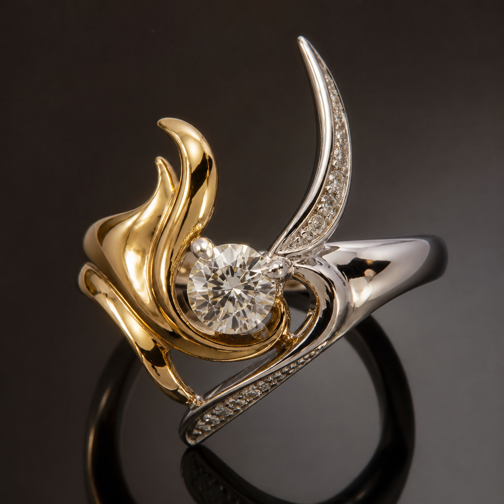 A avant-garde women's ring made of mixed metal with diamond stones suitable for festival. An extraordinary excellent beautiful delicate and elegant solitaire women ring. Face of the ring.
photorealistic jewelry design, A avant-garde women's ring made of mixed metal with diamond stones suitable for festival. An extraordinary excellent beautiful delicate and elegant solitaire women ring. Face of the ring., avant_garde style, just the design no text