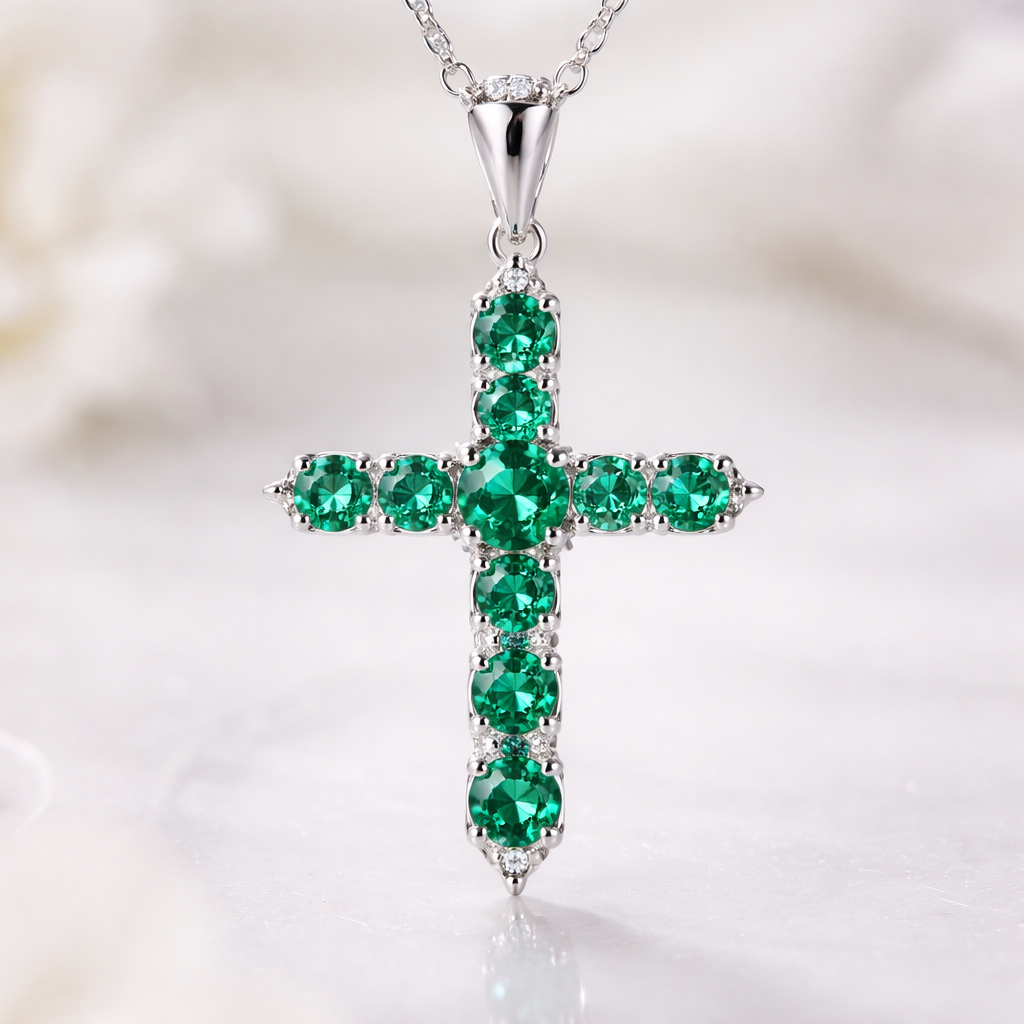Circle cut emerald cross, white gold, simple accent diamonds, elegant and timeless