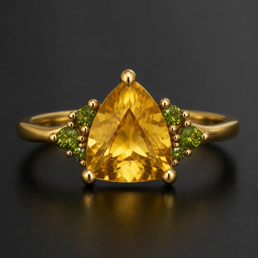 A women's ring made of gold. кольцо центральный камень цитрин трилон 3кар ,ещё камни 3мм зелёные гранаты 6 шт
photorealistic jewelry design, A women's ring made of gold. кольцо центральный камень цитрин трилон 3кар ,ещё камни 3мм зелёные гранаты 6 шт, modern style, just the design no text