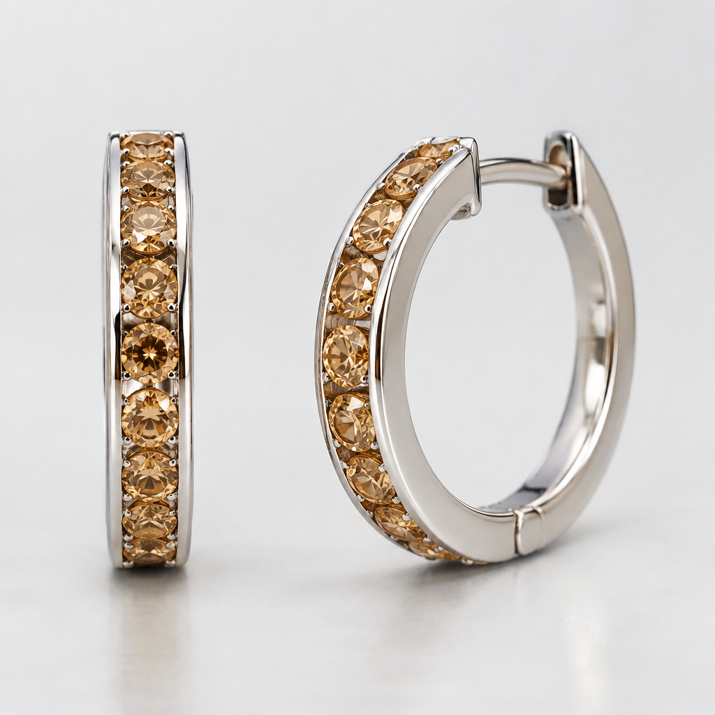 White gold hoop earrings, flat with yellow brown diamonds 3.2 mm in the center, english clasp
photorealistic jewelry design, White gold hoop earrings, flat with yellow brown diamonds 3.2 mm in the center, english clasp, just the design no text