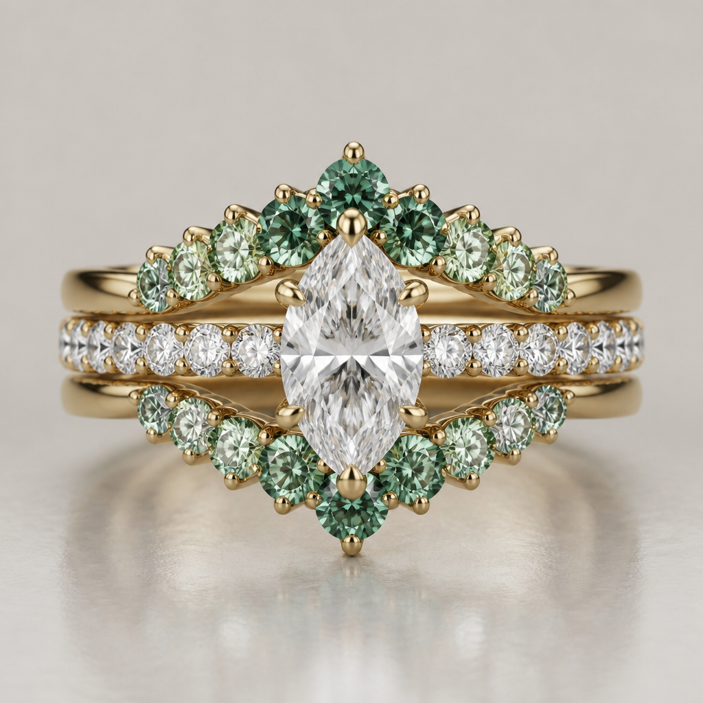 A stackable ring. I want the middle band (the engagement ring) to be a regular diamond but marquise shaped. The band attached to that marquise diamond is going to be of regular diamonds all the way around. I want the stackable bands one of the top and one on the bottom. I want the one on the bottom to curve around the shape of the marquise diamond, but i want it to frame it so it looks like a flower. but I want those diamonds on that band to be a mid between emerald green diamonds and regular diamonds. Than the band in the top, I want to mirror the one on the bottom. I want it to look like an emerald green diamond flower around the center marquise diamond. I want the ring to look full but not excessive.
photorealistic jewelry design, A stackable ring. I want the middle band (the engagement ring) to be a regular diamond but marquise shaped. The band attached to that marquise diamond is going to be of regular diamonds all the way around. I want the stackable bands one of the top and one on the bottom. I want the one on the bottom to curve around the shape of the marquise diamond, but i want it to frame it so it looks like a flower. but I want those diamonds on that band to be a mid between emerald green diamonds and regular diamonds. Than the band in the top, I want to mirror the one on the bottom. I want it to look like an emerald green diamond flower around the center marquise diamond. I want the ring to look full but not excessive. , stackable style, just the design no text