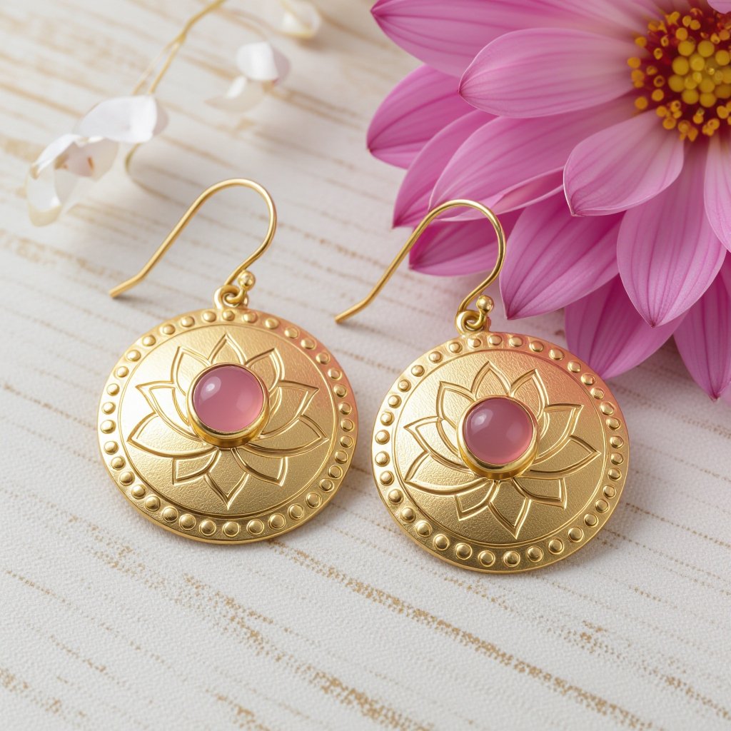Золотые матовые серьги. Подвеска в виде круга. По окружности выпуклые маленькие точки. В центре выгравирован узор в форме лотоса. В центре лотоса маленький камень из розового кварца