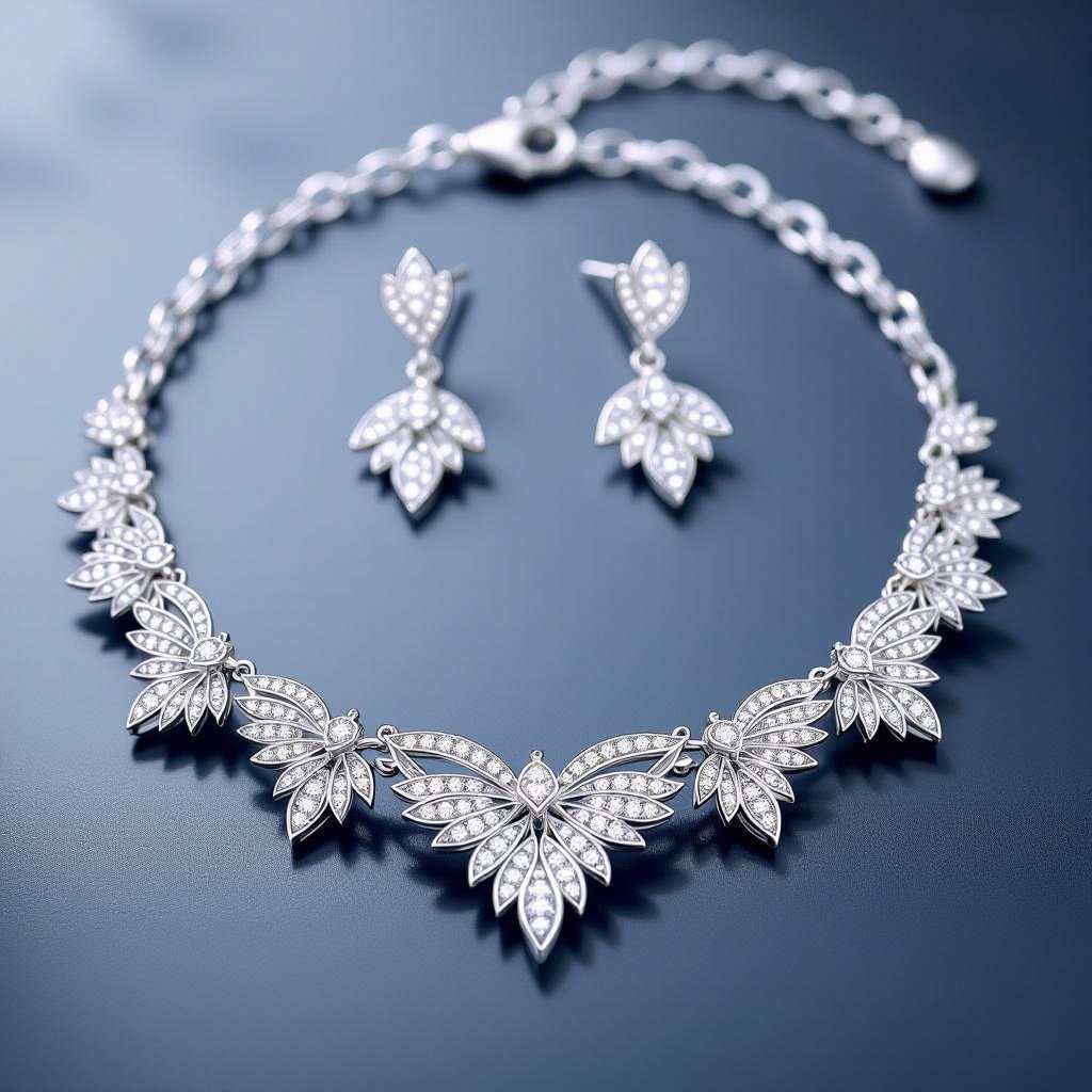 Design a trendy chain bracelet featuring an interwoven pattern of delicate wing charms, each adorned with shimmering diamonds. The wings, inspired by the freedom of flight, would vary in size, creating a layered, dynamic effect. The aesthetic combines edgy elegance with youthful vibrancy, making it the ultimate statement piece for teens. Make its necklace and earrings 