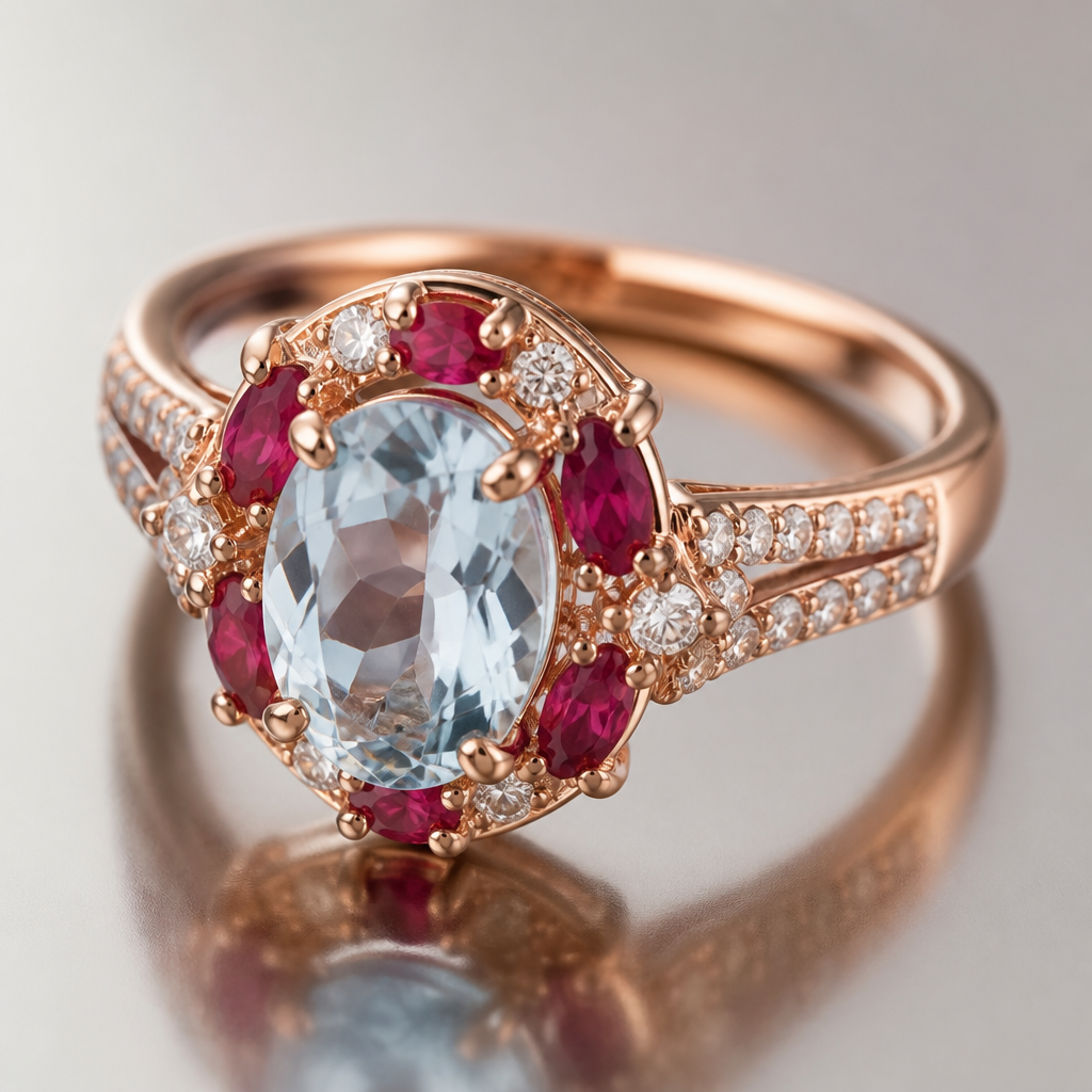 A classic women's ring made of rose gold with topaz and ruby stones suitable for formal
photorealistic jewelry design, A classic women's ring made of rose gold with topaz and ruby stones suitable for formal, classic style, just the design no text